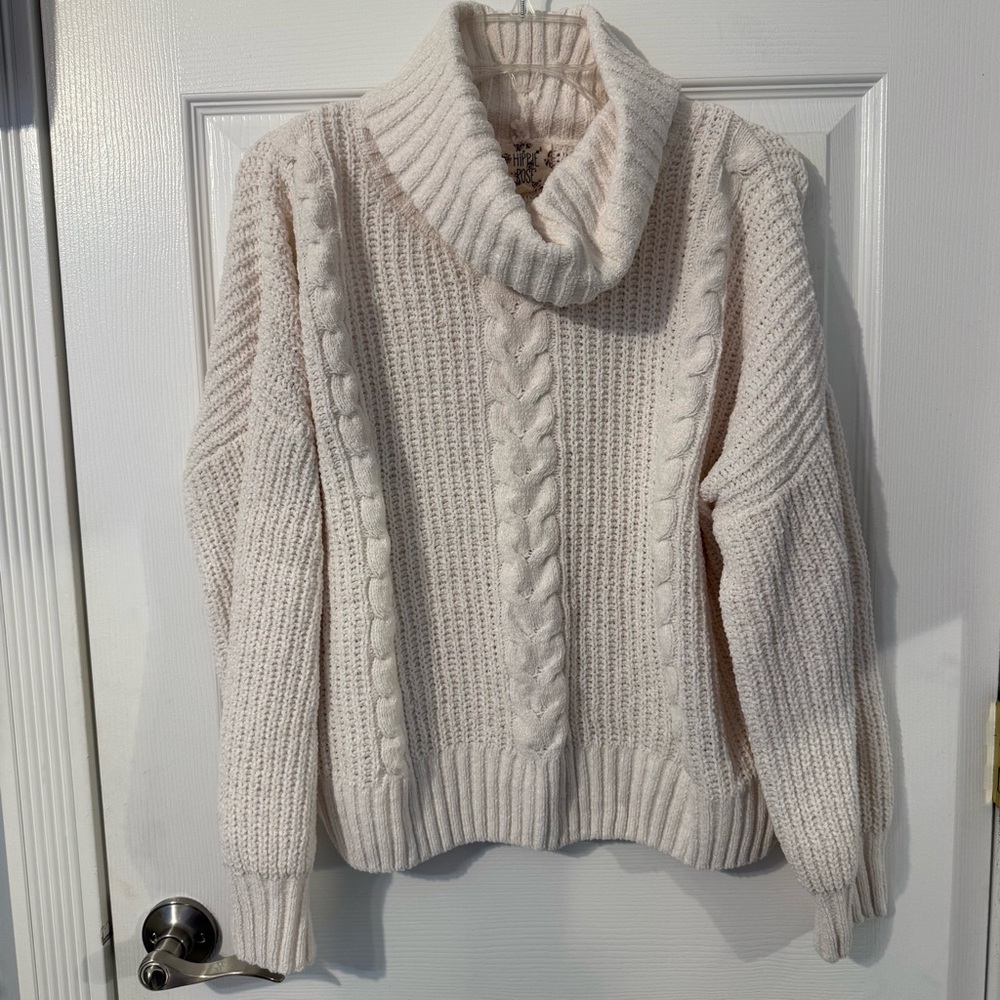 Juniors Hippie Rose Cream Cable Knit Turtleneck Sweater